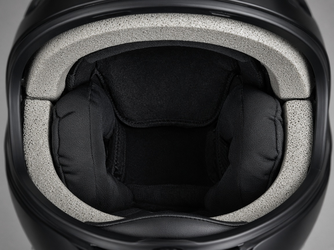 Vue intérieure d’un calotin de casque moto et mousses de joues