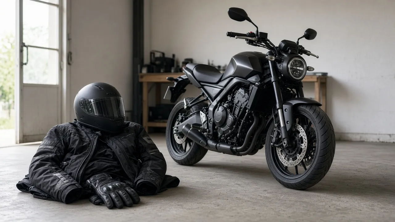 Casque, blouson et gants près d’un roadster A2 dans un garage