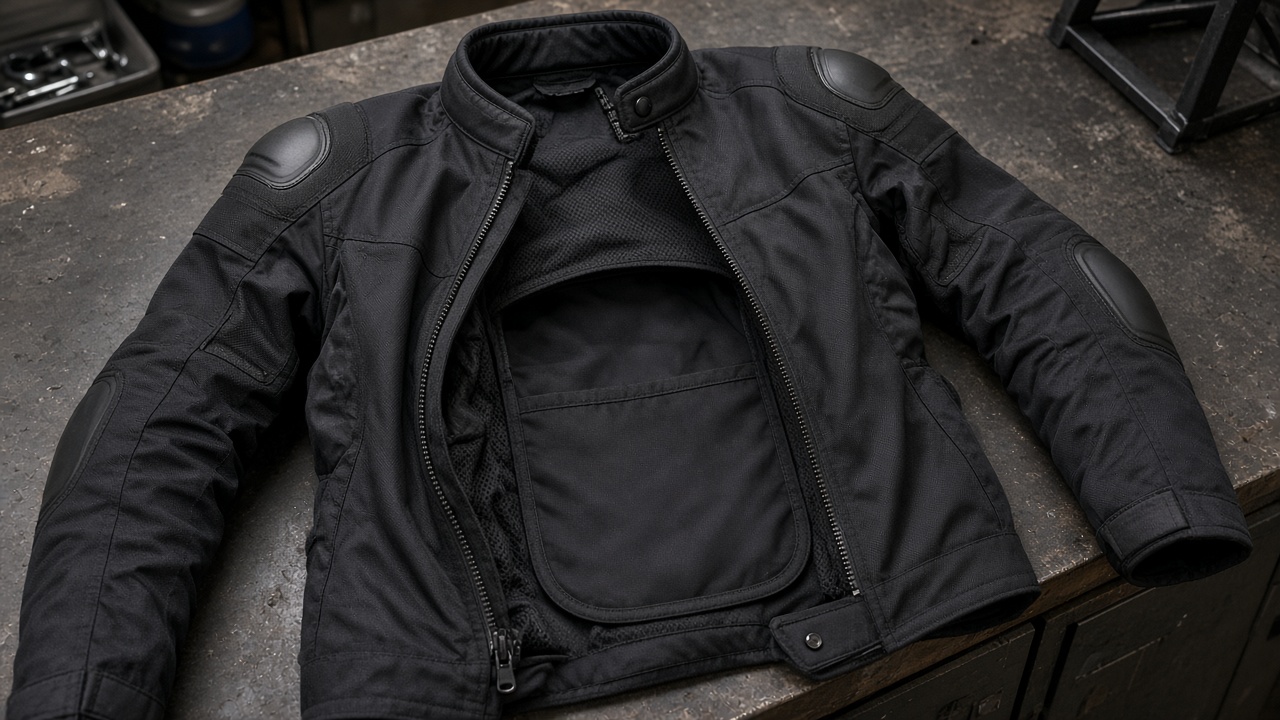 Blouson moto textile ouvert, coques d’épaules visibles