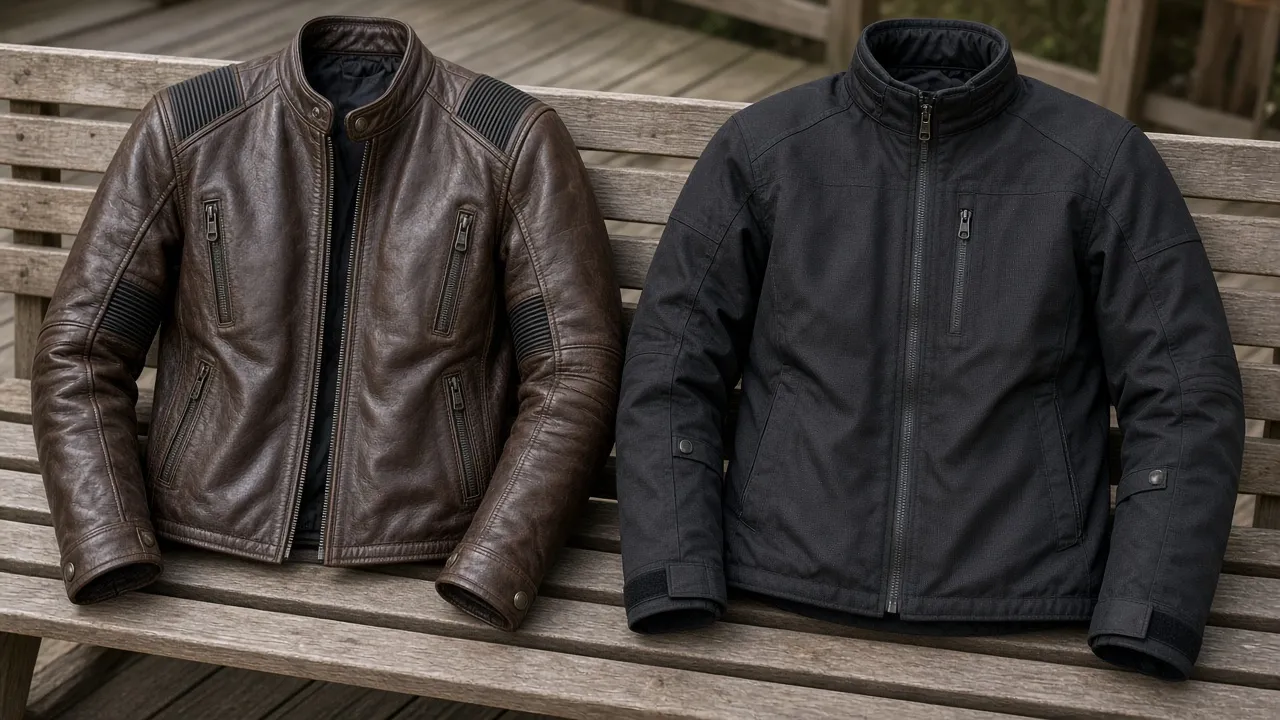 Blouson cuir et blouson textile posés côte à côte