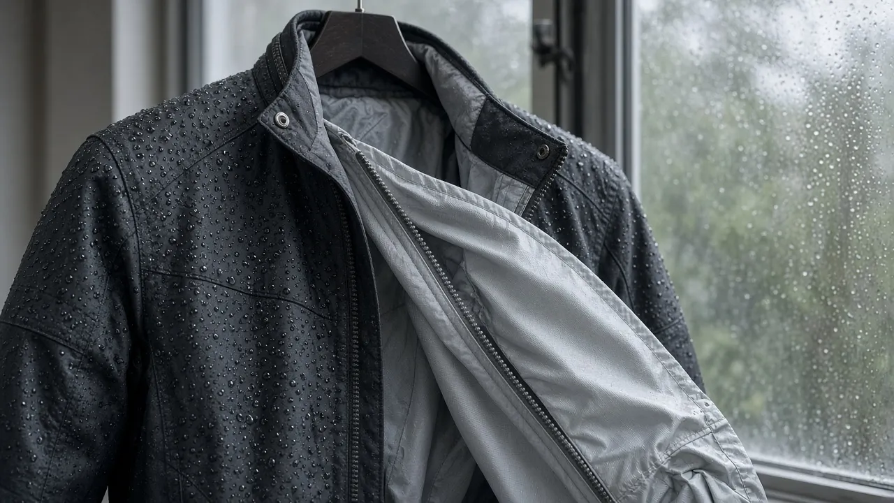 Doublure étanche à demi extraite d’un blouson textile perlé d’eau