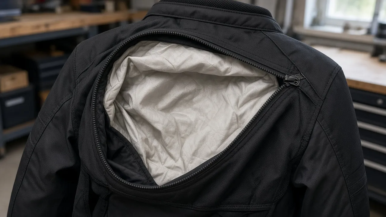 Poche dorsale ouverte, vide, à l’intérieur d’un blouson textile
