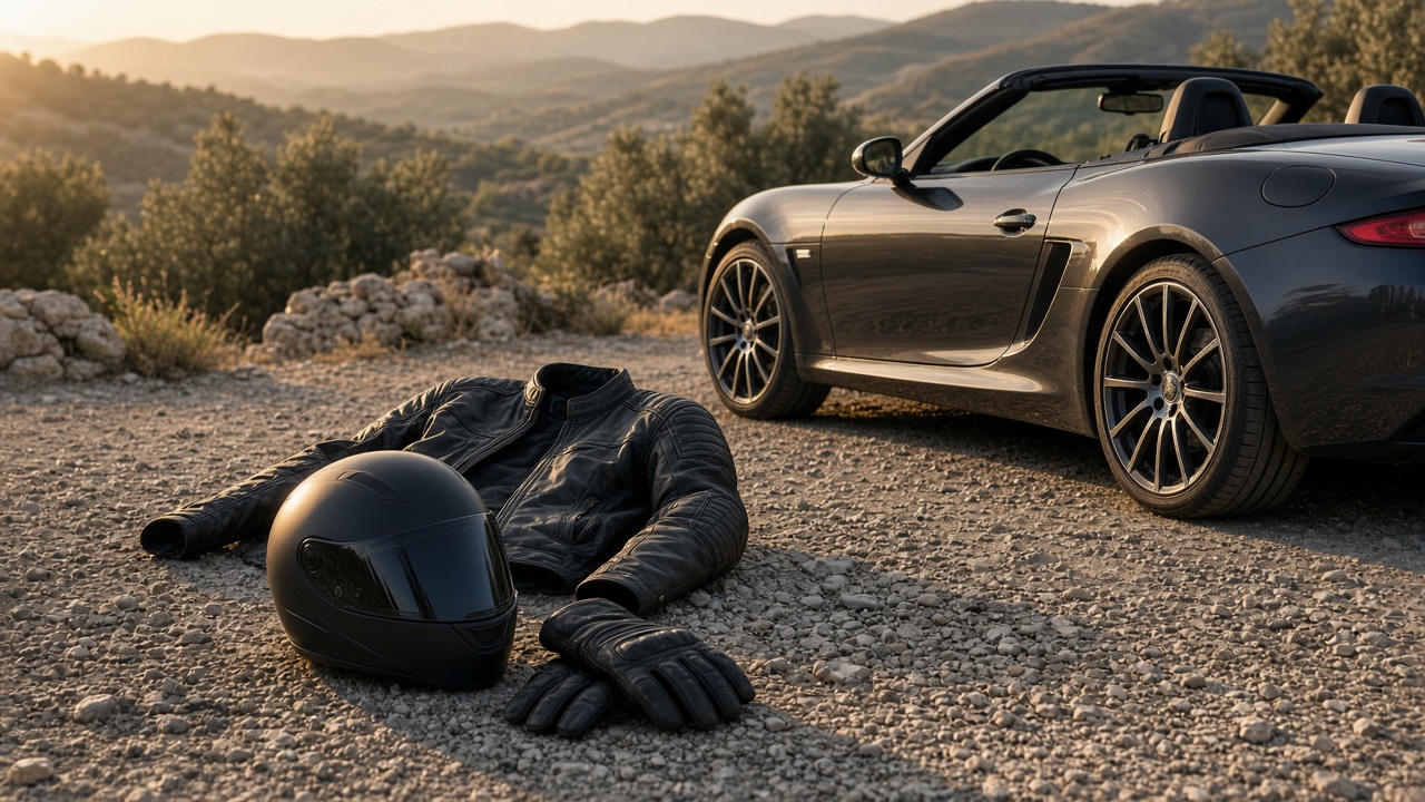 Équipement moto débutant posé au sol près d’un roadster