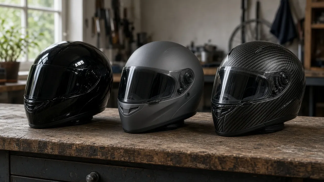 Trois casques d’entrée, milieu et haut de gamme alignés sur un établi