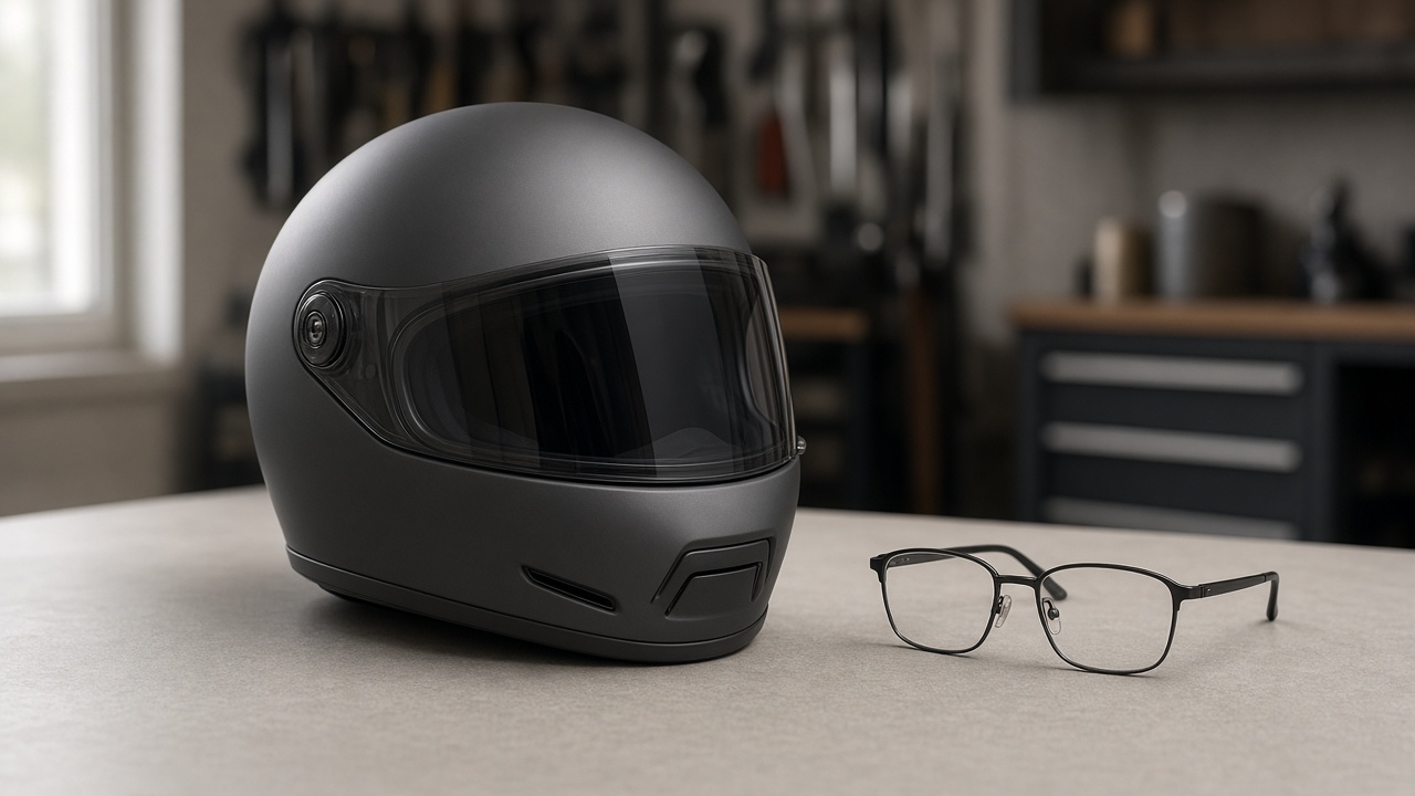 Petit casque moto et lunettes posés sur une table, lumière douce