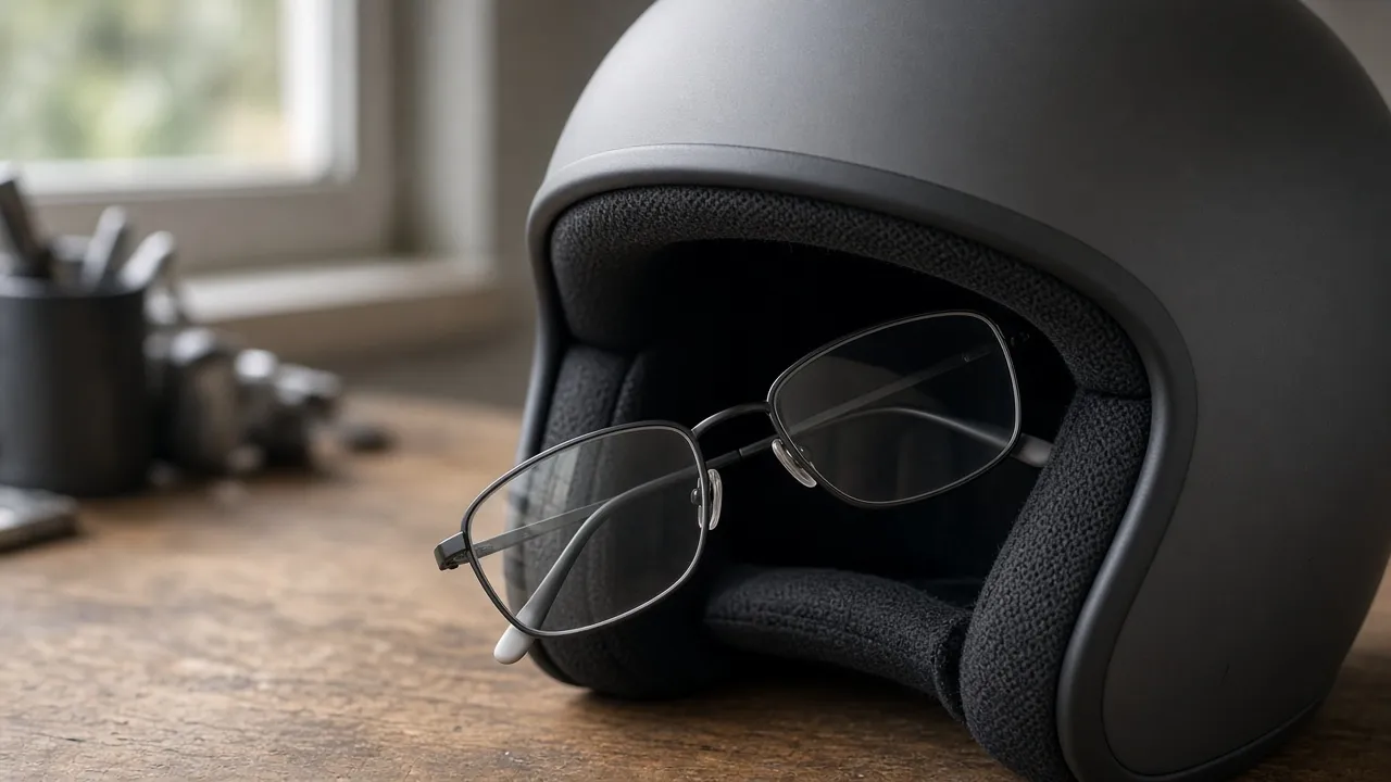 Lunettes de vue glissées dans l’ouverture des mousses d’un casque compact