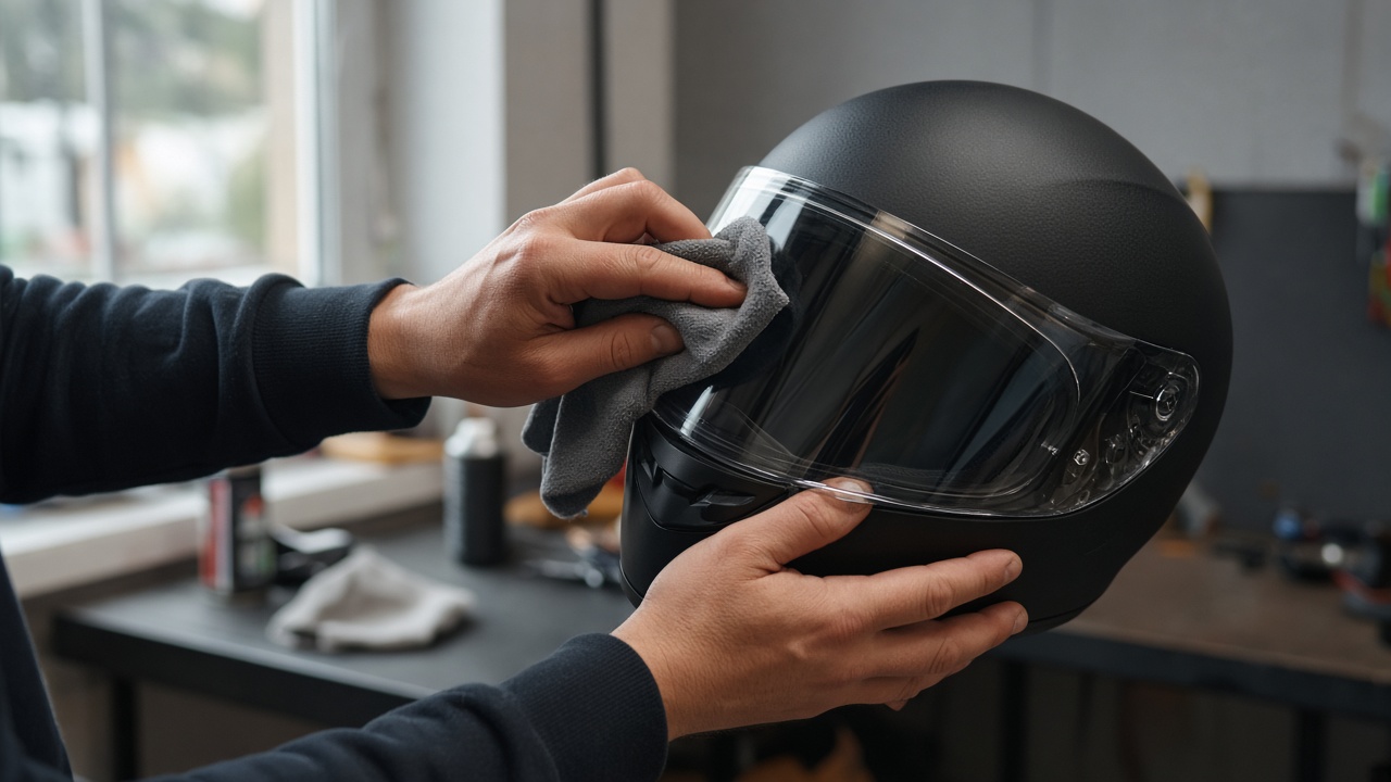 Visière de casque moto essuyée dans un atelier
