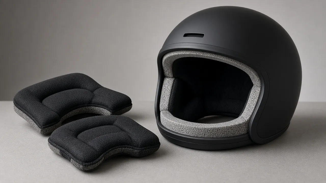 Mousses de joues retirées à côté d’un casque ouvert