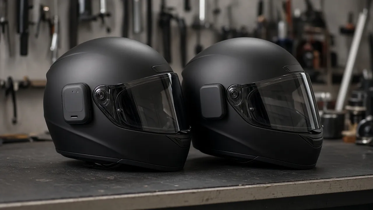 Deux casques, chacun avec un boîtier d’intercom générique sur la coque