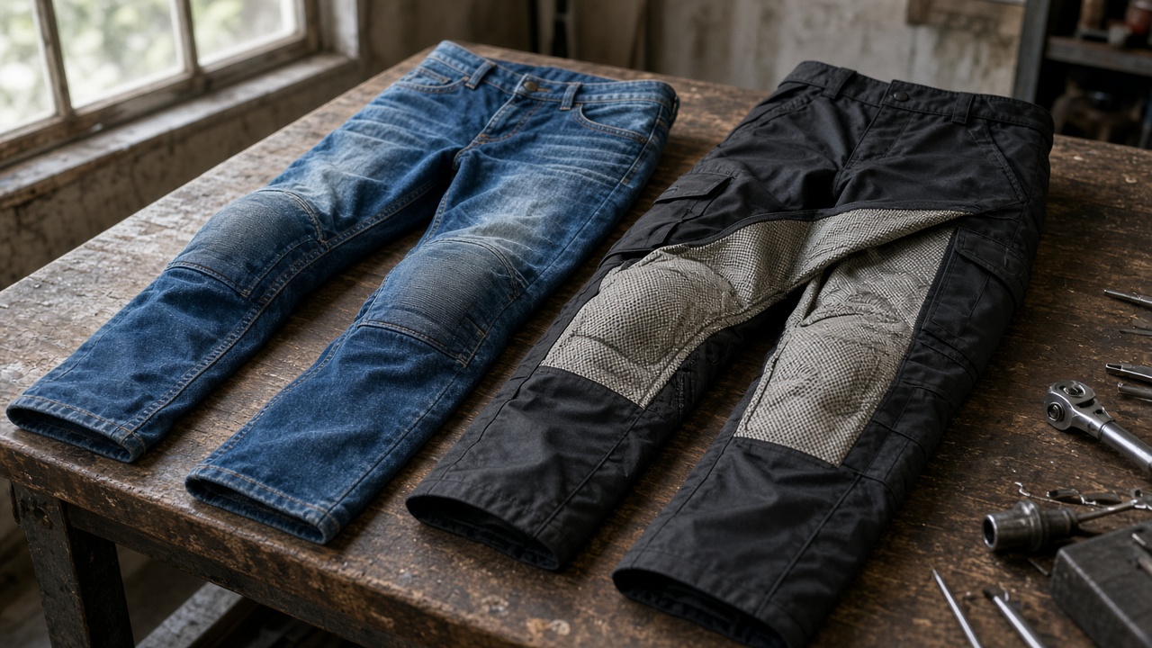 Jean moto et pantalon textile posés côte à côte