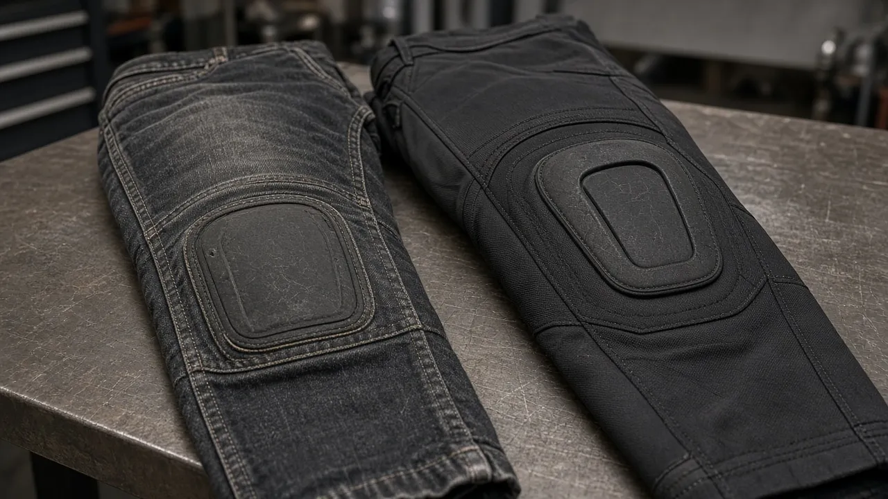 Genouillère trop basse sur un jean, à côté d’un textile réglé à la bonne hauteur